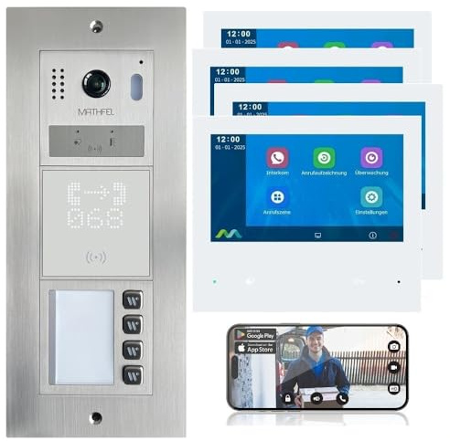 Mathfel 2-Draht-Bus Video-Türsprechanlage – Modulares Komplettsystem mit Innenmonitor(en), WLAN optional, Fingerprint/RFID/Gravur verfügbar (RFID, 4 Klingeltaster (4 x Monitore))