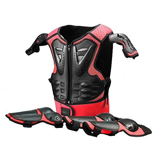 MAOTN Tuta Armatura Motociclista per Bambini + gomitiere +Ginocchiere, Pettorina Motocross MTB Cross, Completa Protezione Back, Corsa, Sci, Equitazione protettori Moto Torace,Red,Size