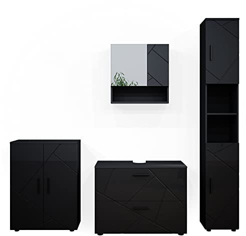 Vicco Badmöbel-Set Anthrazit Hochglanz Irma, bestehend aus Badspiegelschrank, Waschbeckenunterschrank, Midischrank, Hochschrank - Harmonische Farb- und Materialkombinationen