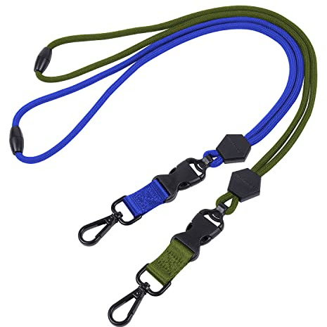 Wisdompro - Paquete de 2 cordones redondos resistentes de 58 cm con hebilla desmontable de seguridad y gancho de metal para tarjetas de identificación y llaves, color azul y verde militar