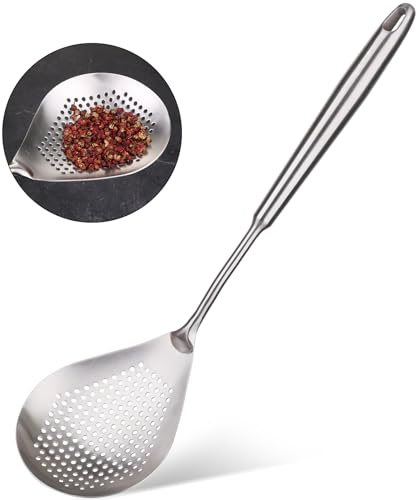 Skimmer Slotted Spoon - 16.5in Small 304 Stainless Steel Pasta Spider Strainer Skimmer Ladle for Cooking and Frying - Metal Scoop Colander Strainer with Comfort Handle for Kitchen Draining