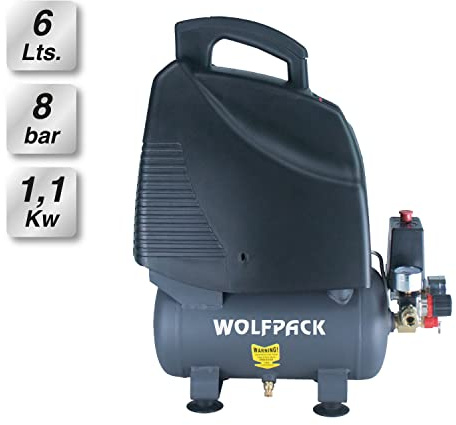 WOLFPACK LINEA PROFESIONAL Compresor Aire Wolfpack 6 Litros / 8 Bares / 1,1 Kw - 1,5 HP Sin Aceite