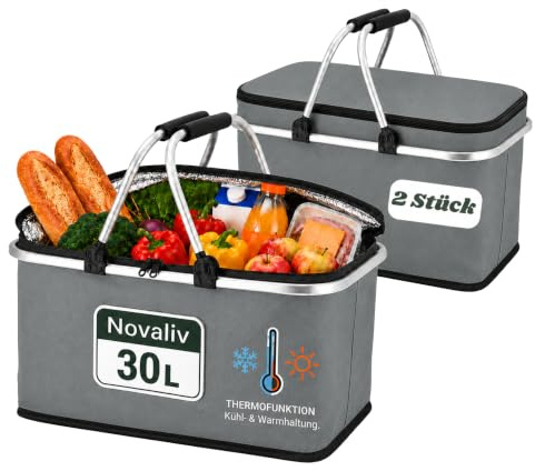 Novaliv 2X Einkaufskorb faltbar mit Kühlfunktion 30 Liter GRAU Isolierkorb mit gepolsterten Tragegriffen und Reißverschluss am Deckel Tragekorb