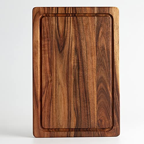 EVERBBKING Acacia Wood Cutting Board for Kitchen with Deep Juice Groove and Handles, Wooden Trays for Meat, Fruit and Cheese, 15x10x0.7 Inch