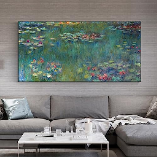 Berühmtes Claude Monet-Wandkunst-Leinwandgemälde mit Rahmen, Seerosen, pastorale Landschaft am Meer, Vintage-Dekor, Bild 90 x 165 cm/35 x 65 Zoll mit schwarzem Rahmen