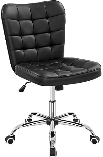 Yaheetech Silla de Oficina sin Reposabrazo Silla Oficina Tapizada de PU Silla con Ruedas Silla Ergonomica Base Metal Negra