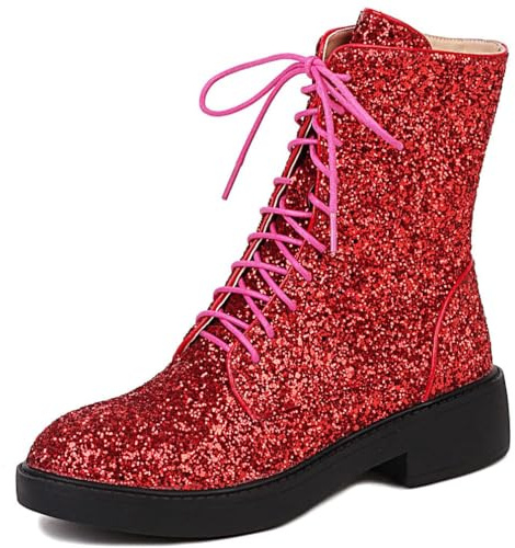 CRETUAO Bottes de Combat en Tissu pailleté à Lacets et à Paillettes pour Femmes,Confortables éclair latérale Plate Bottines,Bottines décontractées Talons Bas Scintillants,Rouge,39 EU