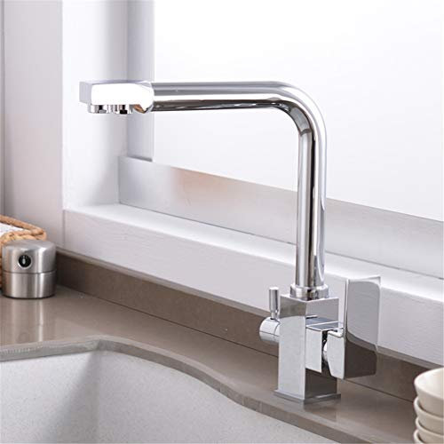 Chrom-Küchenarmaturen, Trinkwasserfilter-Wasserhähne, Spülbecken-Mischbatterie mit Luftsprudler, 360-Grad-Drehgelenk, Doppelgriff, Deckmontage, gefilterter Kran für die Küche, 3-Wege