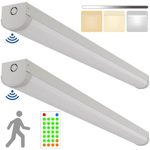 2 Pack 4FT Tri-Level Motion Sensor LED Linear Strip Stairwell Light with Remote, CCT Selectable 20W/40W 2500lm/5000lm 3000K/4000K/5000K Dimmable 4 Foot Commercial Shop Ceiling Light Fixture, ETL DLC