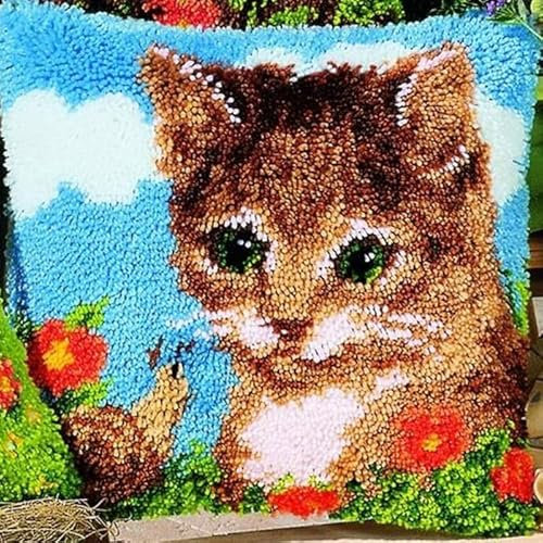 Taxpy DIY Knüpfkissen Zum Selber Knüpfen Set, Knüpfhaken-Set Kissenbezug Knüpfteppiche Set Kissen Knüpfen Latch Hook Kit Für Kinder Und Erwachsene,43x43cm(Süßes Katzenmuster,S
