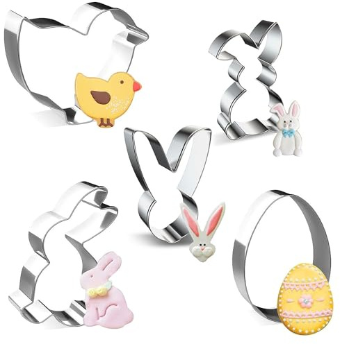 Foyscr 5Pcs Cookie Cutter Shape Baking Set, Cookie Cake Cartoon Baking Cutter Molds, Stainless Steel Metal Tools, Professional Pastry Decorating Tools, Eggs, Bunny Face, Chick, Two Bunnies