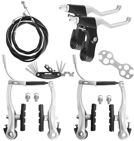 TINGSING Cykelbromssats V-typ främre och bakre cykelbromsar MTB-bromshandtag inre och yttre kablar kit med multiverktygsnycklar, Callipers kablar spaksats för barncykel, BMX, MTB, vägcykel, silver