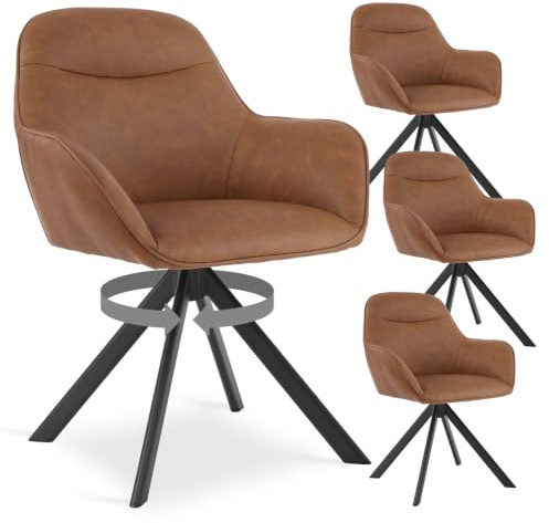 Goeurvant Drehstuhl Esszimmer Kunstleder Braun 4er Set mit Armlehne | Esszimmerstühle Drehbar 360° Polsterstuhl, Küchenstuhl mit Metallbeine für Esszimmer, Wohnzimmer, Büro