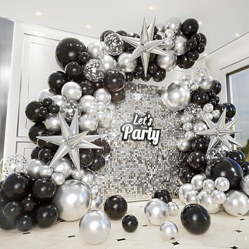 Kit di 161 palloncini neri e argento con palloncino a forma di stella, argento metallizzato e palloncini neri, per compleanno, laurea, baby shower, discoteca, Capodanno, decorazioni per feste