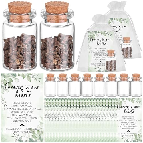 25Set Funeral Favors for Guests Memorial Cards Glass Bottles with Cork Bags | Celebration of Life Decorations Funeral Keepsakes for Loss of Loved One Memorial Service, No Seed (Leaf)
