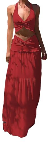 Wuitrie Maxi Skirt Set Women 2 Piece Outfits Sleeveless Strap Top Maxi Skirt Solid Going Out Vacation Two Piece Skirt Set