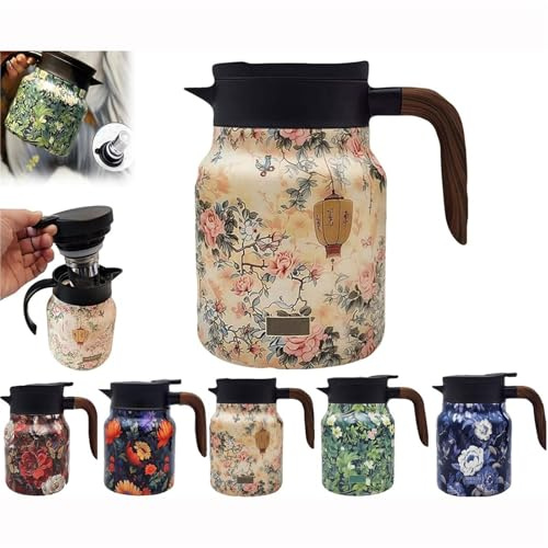 Vintage Blumenmuster Teekanne mit Infusor, Edelstahl Thermoskanne mit Deckel, für heiße Getränke (Pink)