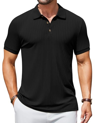 COOFANDY Polo de manga corta para hombre, polo de punto con botones, polo de verano, camiseta acanalada, camisas de golf, Negro, XXL