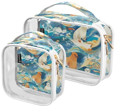 Amooorous 2 Pack White Seal Japanese Style Waves clear decorative toiletry travel bag TSA approved portable large cosmetic bag shaving essentials Bolsa de maquillaje