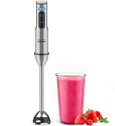 Grunkel - Batidora de Mano Potente de 2000W Acero Inoxidable, Vaso Incluido y Opción Set Accesorios con Varilla, Picadora y Soporte, Encaje Metálico y Base de Silicona, Modelo BM-2000EXTREME, Plateado