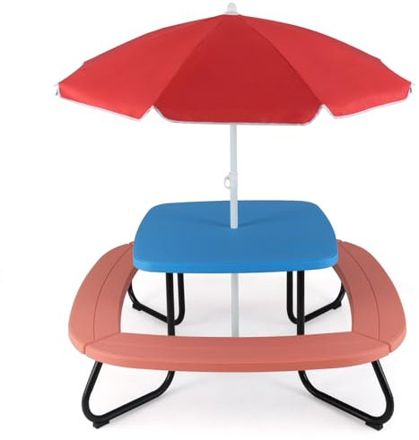 DREAMADE Kindersitzgruppe mit höhenverstellbarem Sonnenschirm, 2 in 1 Kindertisch mit 4 Bänken für 8 Kleinkinder, Kinder Gartenmöbel Indoor & Outdoor für Kinder ab 3 Jahren (Rosa+Blau)
