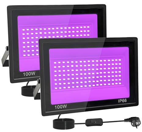Tkdaksy 2 Piezas 100W LED Luz Negra, IP66 Impermeable Foco UV Ultravioleta, Luz Negra Ultravioleta Con Interruptor para Halloween, Pintura Corporal, Neón, DJ, Black light Party, Discoteca