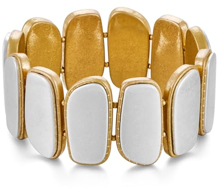 ENSKEFEN Chunky Stretch Bangle Bracelets for Women Vintage Matte Gold Silver Two Tone Wide Bold Statement Bracelet Adjustable Elastic Bangle