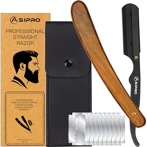 ASIPRO Navaja Afeitar Barbero Profesional con (20 Cuchillas Simples)10 Cuchillas de Afeitar Doble Filo y Funda Protectora Kit/Set Afeitado Hombre Navaja Peluqueria Professional Clásica Navaja Barbero