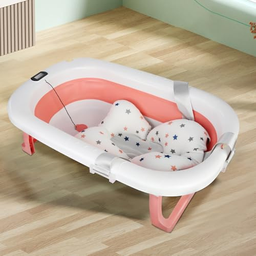 Babywanne mit klappbaren Beinen, Babywanne mit bequemen Kissen, leicht zu verstauen und rutschfeste Füße, faltbar, tragbar, Rosa, 76 x 45 x 18 cm