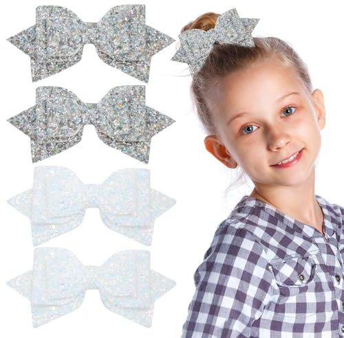 4PCS 5 Inch Sparkling Sequin Bow Hair,Cute Silver White Cheer Bows,for Girls, with Alligator Clips for Women Girls Birthday New Year Wedding Party Dress Outfit Decor Accessories