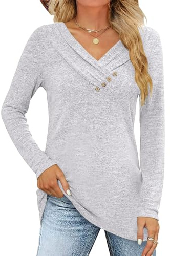 Fisoew T-shirt à manches longues pour femme, pull, col en V, boutonné, ample, pour l'automne, tunique