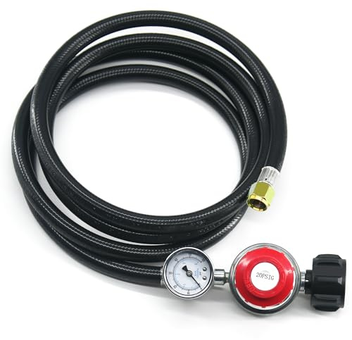 lgnovate Manguera reguladora de propano de PVC de alta presión de 4 pies de 5/16 pulgadas con manómetro, entrada fija de 20 PSI, entrada QCC1 y tuerca de salida de 5/8 a 18UNF para parrillas de gas LP