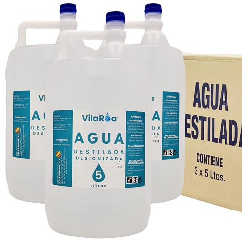 VILAROA Agua Destilada Desionizada 18 Garrafa de 5 litros, Agua Desmineralizada Alta Pureza para CPap, Autoclave, Humidificador, Plancha, Motores, Limpieza, Laboratorio, Plantas, Acuario, Bateria