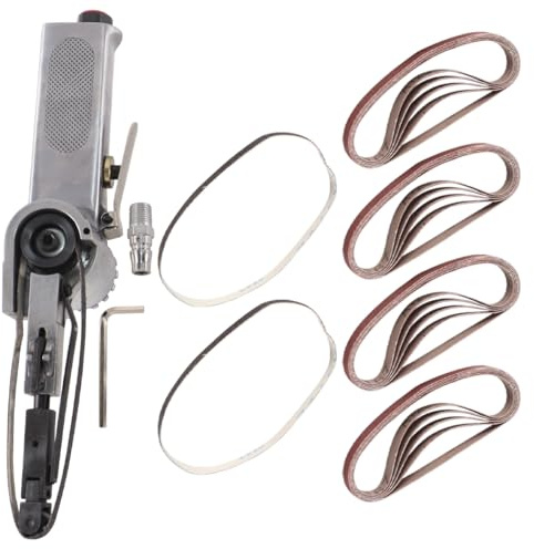 Enwye Levigatrice a nastro pneumatica, levigatrice a dita, impugnatura girevole a 360°, 10 mm x 330 mm con 25 nastri abrasivi per levigatura e lucidatura.