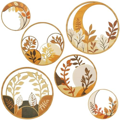 Exquilnova 6 unidades de madera bohemia decoración de pared, decoración de pared bohemia, decoración moderna de pared para salón, 3D, redonda, vintage, decoración de pared para casa de campo, pasillo