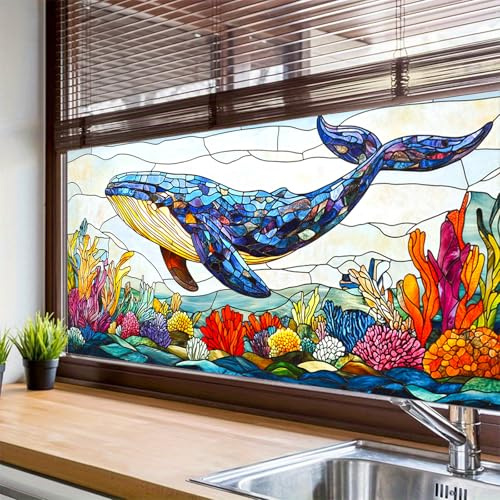 HOMETITUTE Whale Window Film 39.3x17.7 Inch Ocean Window Cling Decorative Window Sticker Static Cling for Glass Door Kids Room Bathroom Windows Cover Sea Life Privacy Windows Decal
