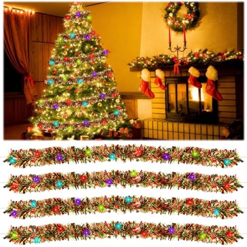 4Pcs 2m Weihnachtsgirlande mit Beleuchtung 5m 50 LEDs, Künstliche Girlande Weihnachten, Künstliche Weihnachtsgirlande, Weihnachtsdeko (A)