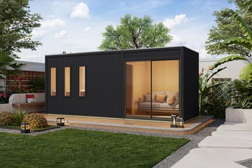 Chillroi Saunahaus Ambra, Außensauna mit 3 Liegen, 573,5 x 216,5 cm, 9kW Ofen, Vorraum mit Séparée, Schwarz oder Natur (Schwarz)