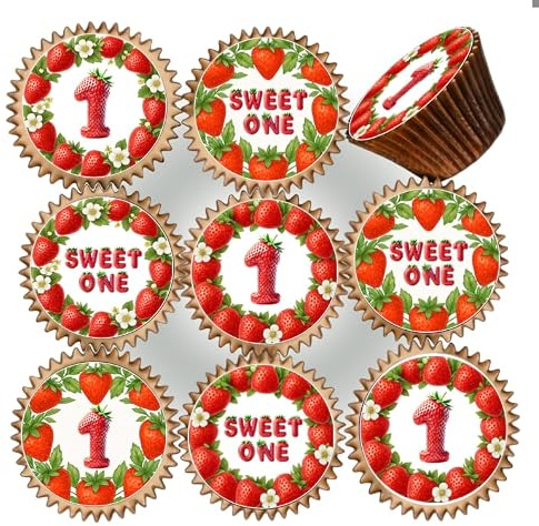30 x PRE CUT SWEET ONE FIRST BIRTHDAY STRAWBERRY THEMED EDIBLE WAFER CARD RICE PAPER 4.5 cms CUPCAKE TOPPERS DECORATIONS