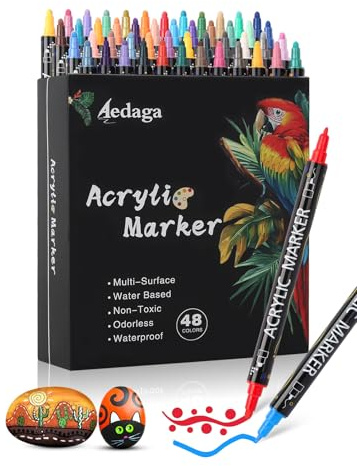 48 Colours Acrylic Paint Pens, Acrylic Markers Dual Tip (Fine & Dot Tip) | Multi-surface | Waterproof | Vibrant Colour | Strong Coverage | Assorted Colors | Art Pens for Glass, Stone, Wood, Canvas