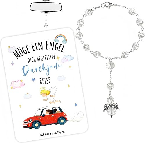 Dreaku Schutzengel Auto Anhänger für Spiegel, Rosenkranz Glücksbringer Auto Innenraum Zubehör, Autoanhänger Frauen, Geschenk für Führerschein Bestanden & Neuer Wagen (Autoanhänger)
