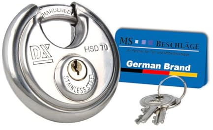 MS Beschläge Diskus-Vorhängeschloss Edelstahl 70mm | robustes rostfreies Bügelschloss mit Kneifschutz | gleich- oder verschiedenschließend | Sicherheitsschloss inkl. 2 Schlüssel (Schlüsselnr. 703)