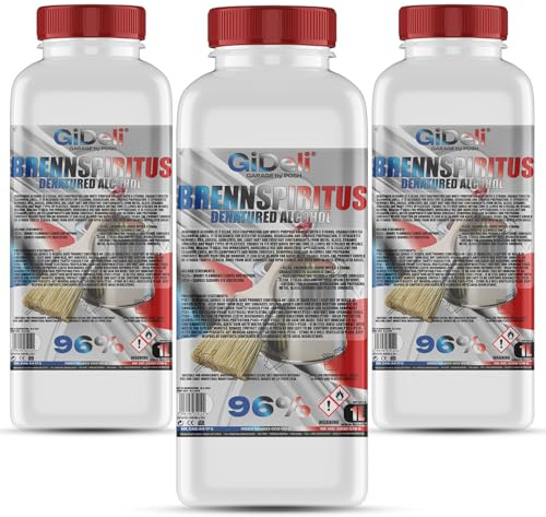 GiDeli Brennspiritus Farblos 3 x 1L - Vielseitiger Alkohol für Haushalt, Werkstatt & Garten - zum Reinigen, Entfetten & Anzünden - Rückstandsfrei & Ergiebig