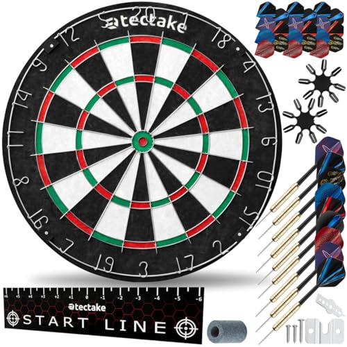 tectake® Bersaglio Freccette Professionali, 9 Frecce da Competizione, 21 Alette, Linea di Partenza, Freccette Bersaglio, in Sisal Autorigenerante, Darts, Gioco Interno ed Esterno, Dart Board