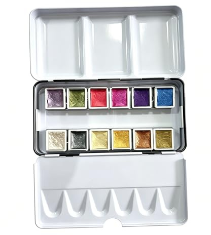 KOSLEOW Metallic Perlmutt Wasserfarbkasten,12 farbkasten Näpfchen in tragbarer Metallbox, Tuschkasten Mit Integrierter Mischpalette, Wasserfarben Für Künstler und Hobbymaler