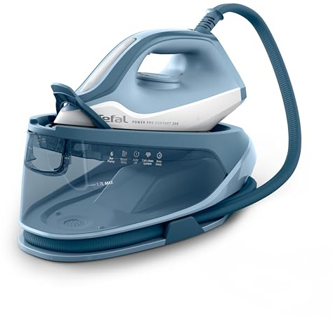 Tefal Power Pro Compact 200 Dampfbügelstation, 2400 W, leicht und kompakt | 120 g/min variabler Dampf, 360 g/min Dampfstoß, 1,7 L Wassertank, Keramikbügelsohle, Anti-Kalk, Blau/Weiß, SV6210E0