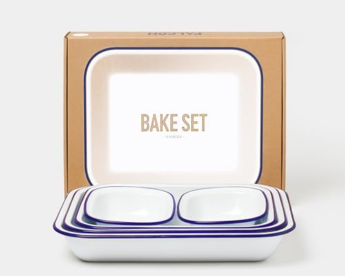 Falcon Enamelware 5-Piece Enamel Bake Set - Durable & Elegant White with Classic Blue Rim - Oven, Dishwasher Safe, Versatile for Roasting, Baking, Serving - Ideal for Home, Kitchen, Gifting