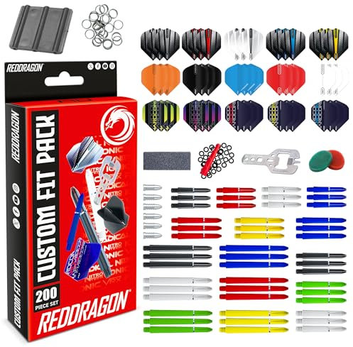 RED DRAGON Darts – 200-teiliges Dart-Zubehörpaket im Custom Fit – Enthält Dart-Flights, Schäfte, Trident 180, Flight Savers, Finger Grip Wax, Multitool und mehr – Professionelles Dart-Zubehör