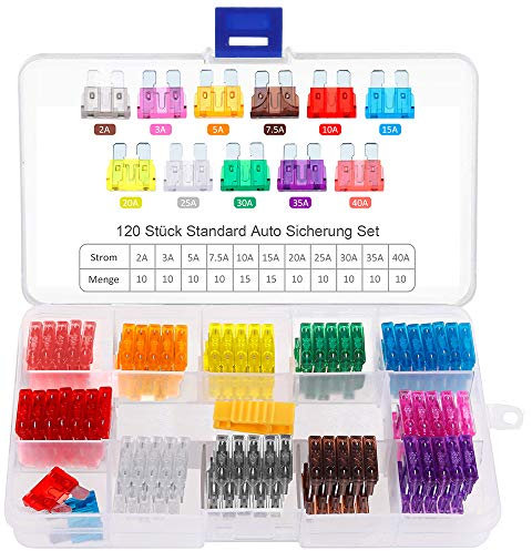 Rovtop 120 Stück Standard Auto Sicherungen KFZ Sicherungen Set maßgebend Autosicherungen 2A 3A 5A 7.5A 10A 15A 20A 25A 30A 35A 40A