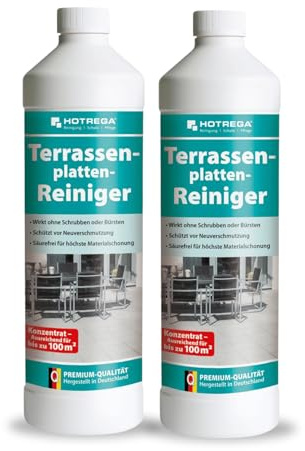 HOTREGA Terrassenplatten Reiniger 2x 1L | Säurefreier Steinreiniger | Aktivreiniger gegen dunkle Ablagerungen & Stockflecken | Für Naturstein, Beton oder Kalkstein | Außenbereich | Reichweite